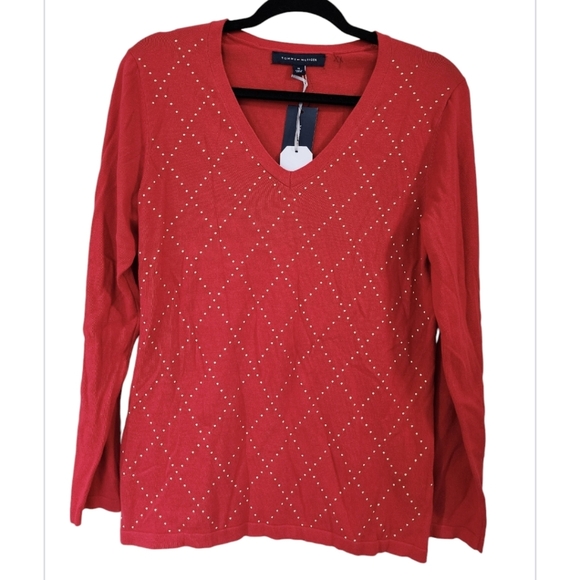NEW! TOMMY HILFIGER Ivy Studded Argyle V-Neck Sweater, Size M, Red/gold - Picture 2 of 6